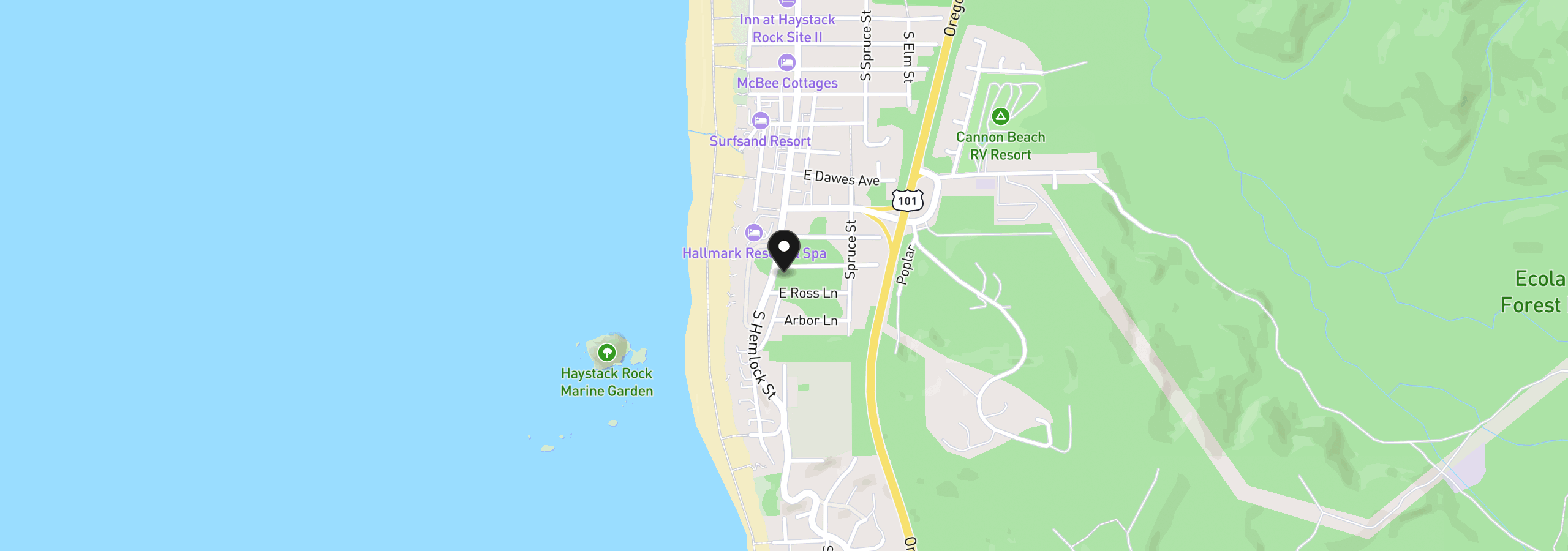 Map showing the location of 1631 S Hemlock St, Cannon Beach, OR 97110