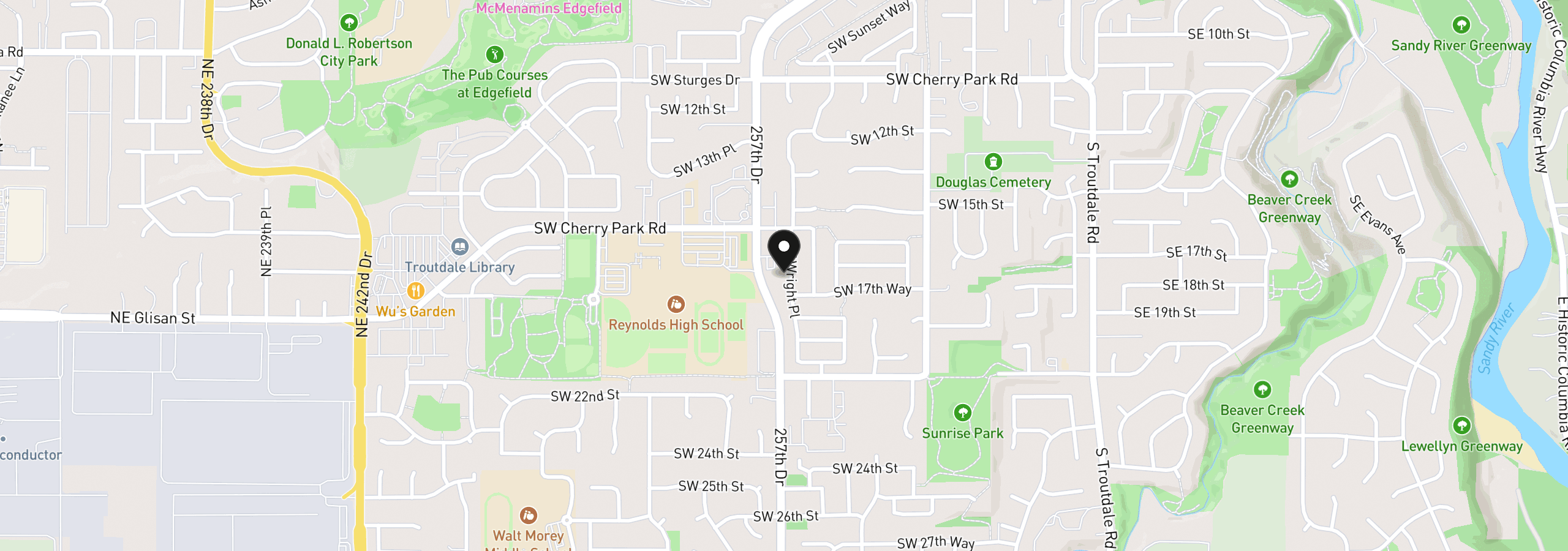 Map showing the location of 1661 SW Wright Pl, Troutdale, OR 97060