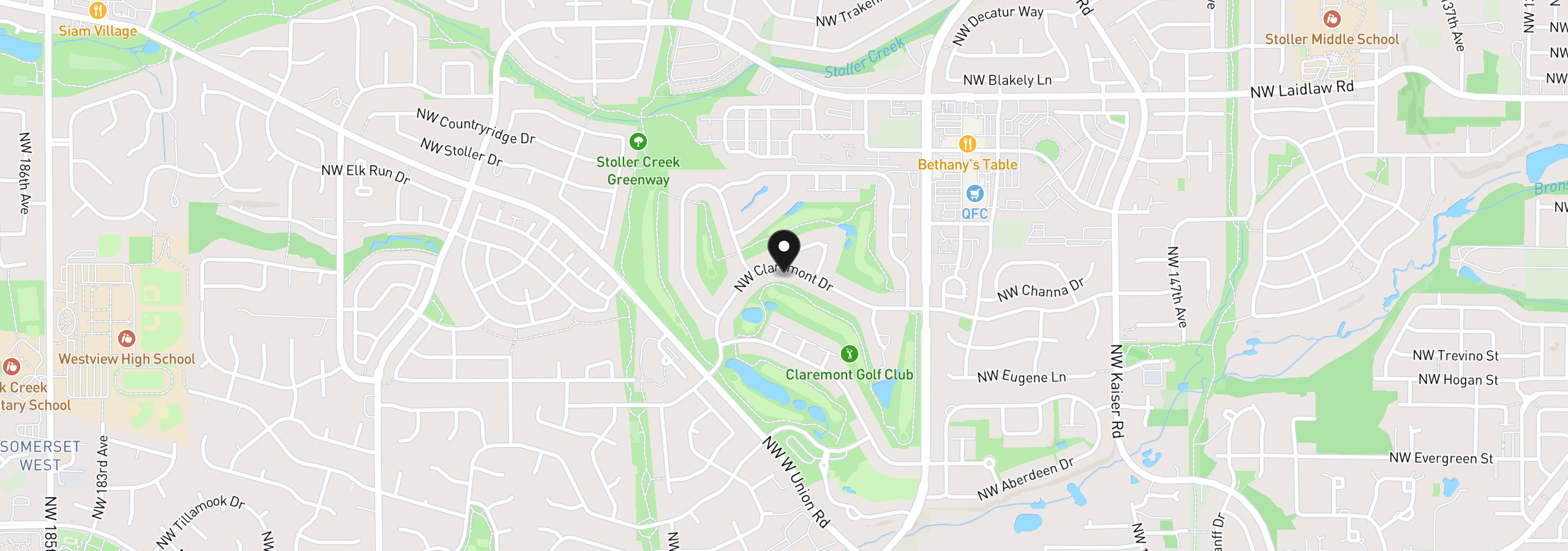 Map showing the location of 15996 NW Claremont Dr, Portland, OR 97229
