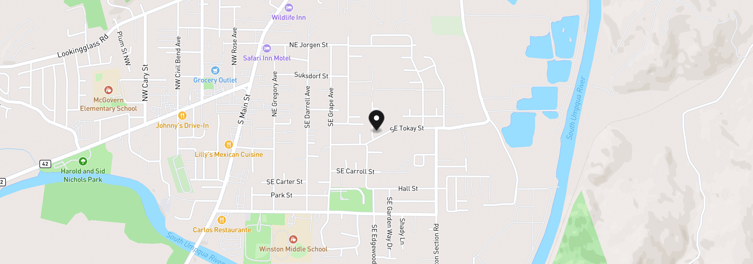 Map showing the location of 411 Sunnyside Dr, Winston, OR 97496