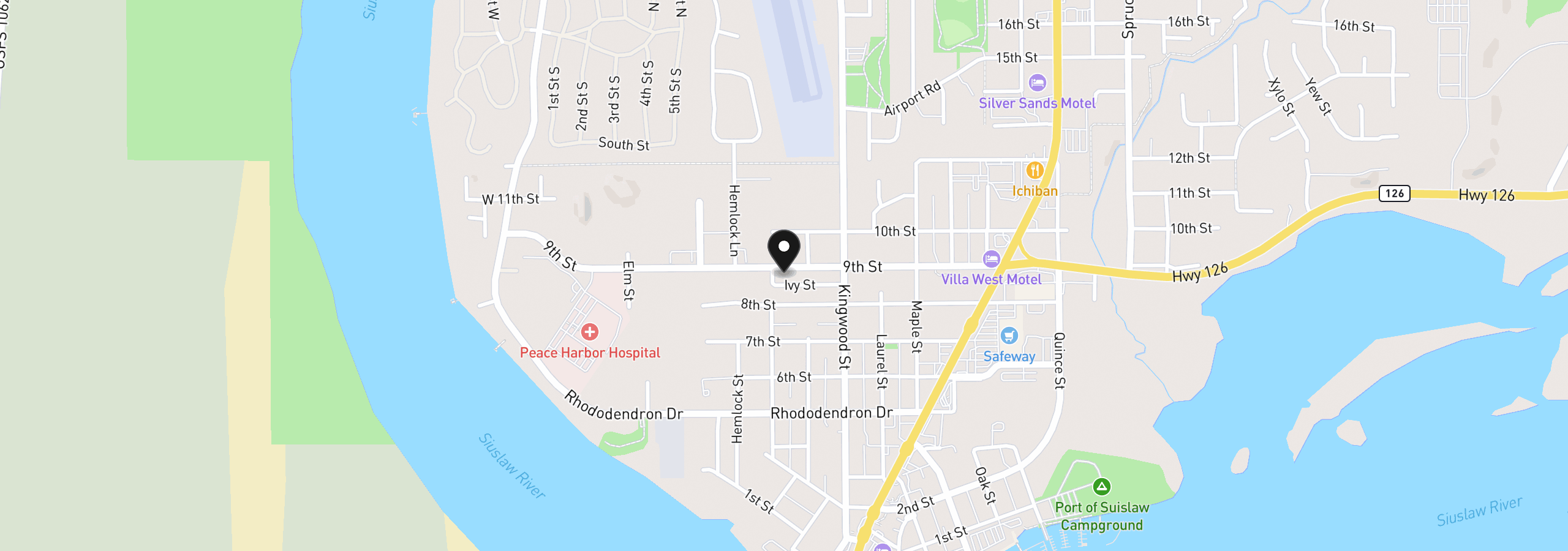 Map showing the location of 1032 9th St, Florence, OR 97439