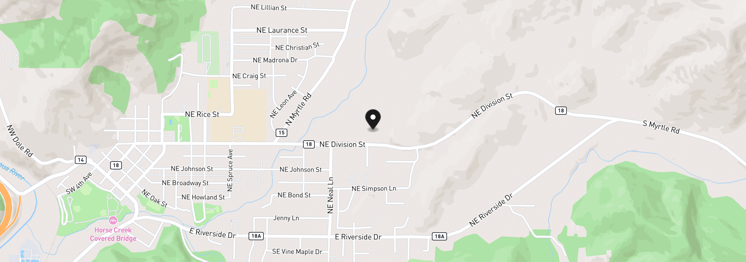 Map showing the location of 1171 NE Division St, Myrtle Creek, OR 97457