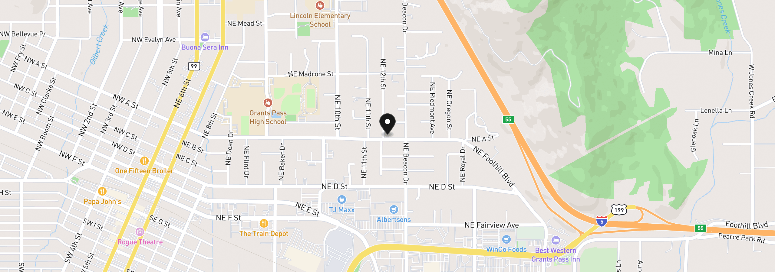 Map showing the location of 1202 NE A St, Grants Pass, OR 97526