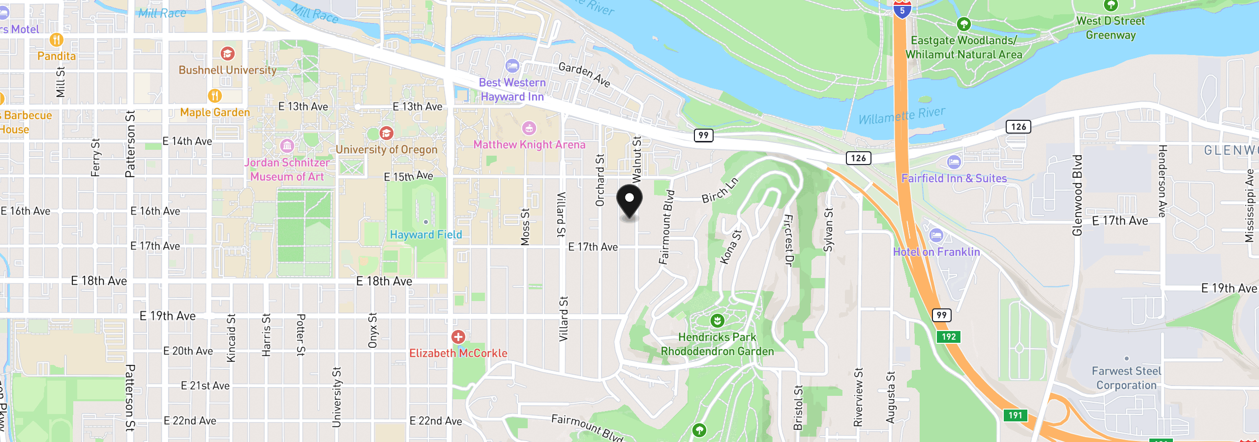Map showing the location of 1624 Walnut St, Eugene, OR 97403