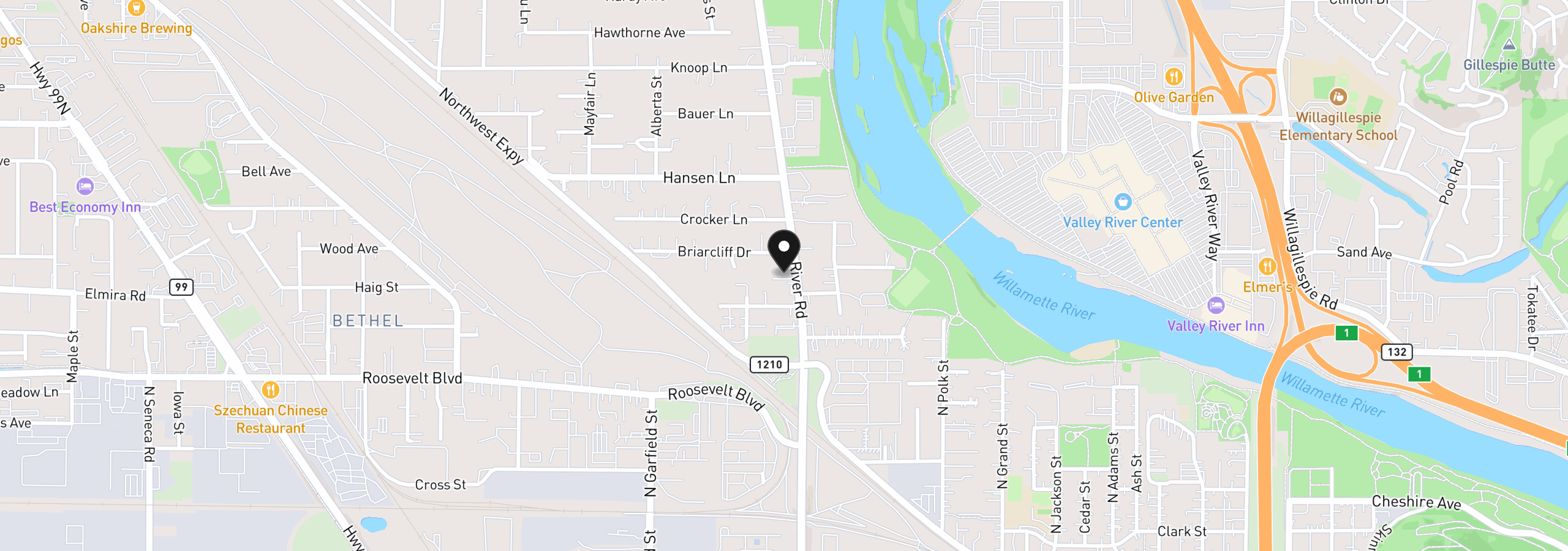 Map showing the location of 40 Briarcliff Dr, Eugene, OR 97404