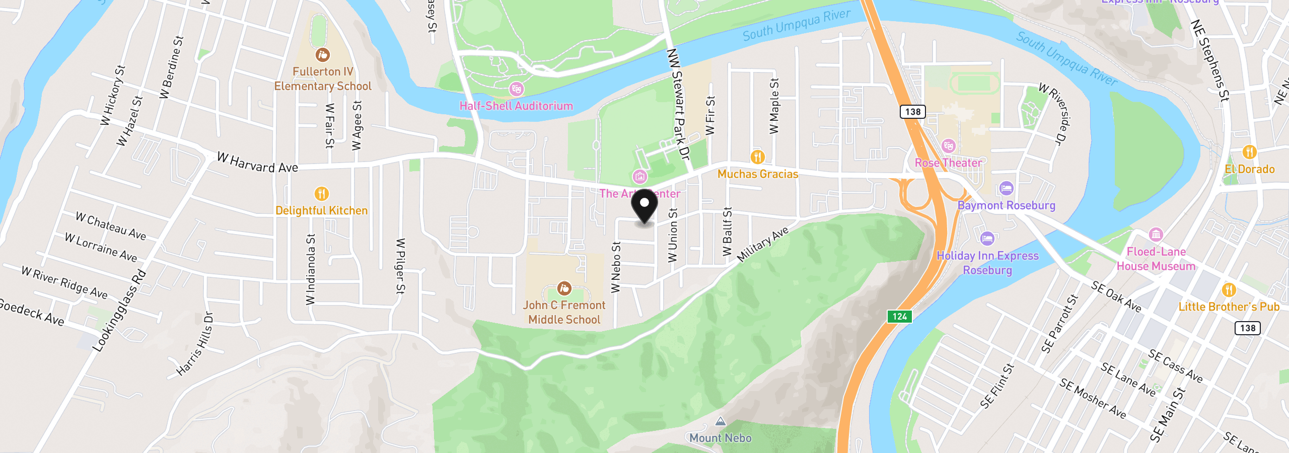 Map showing the location of 1627 W Brown Ave, Roseburg, OR 97471