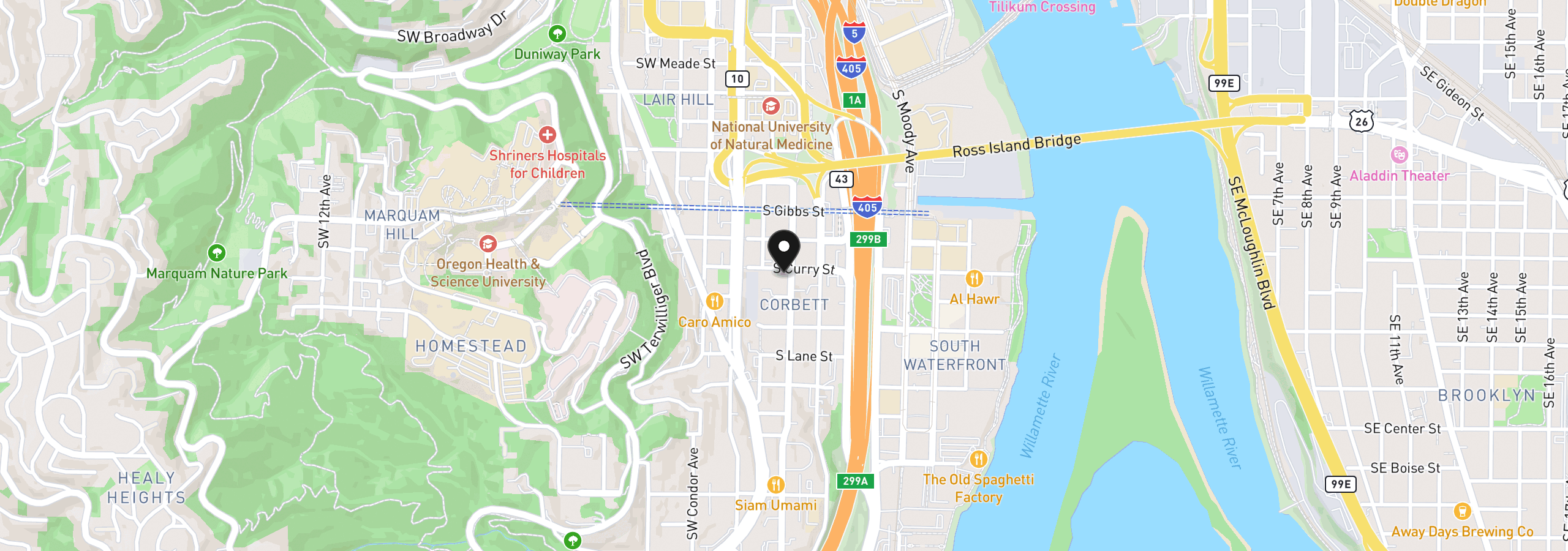 Map showing the location of 3507 S Corbett Ave, Portland, OR 97239