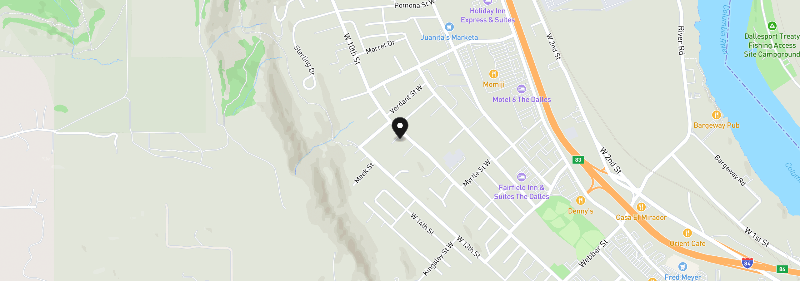 Map showing the location of W 10th St, The Dalles, OR 97058