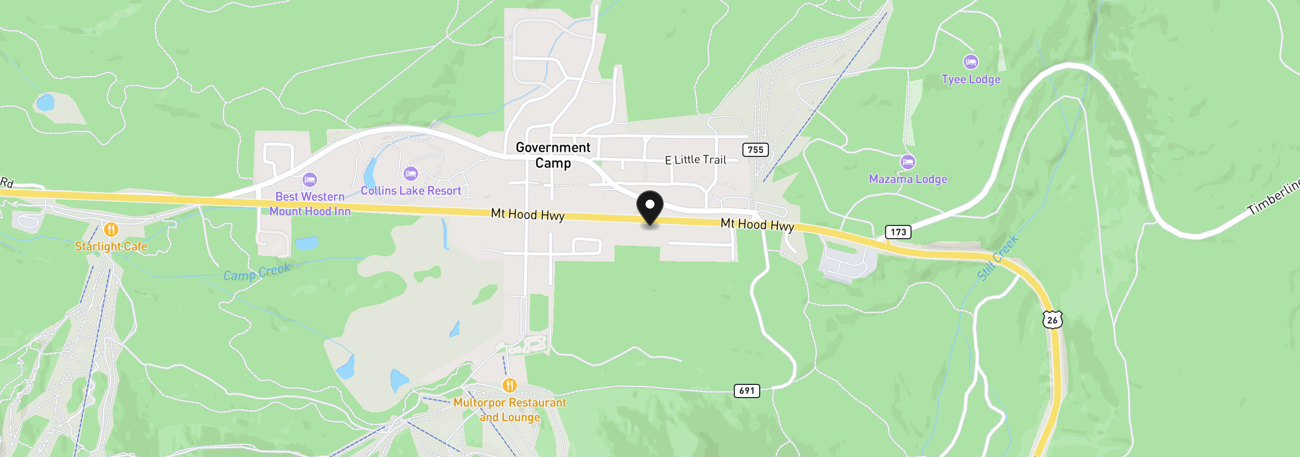Map showing the location of 89392 E Highway 26, Government Camp, OR 97028