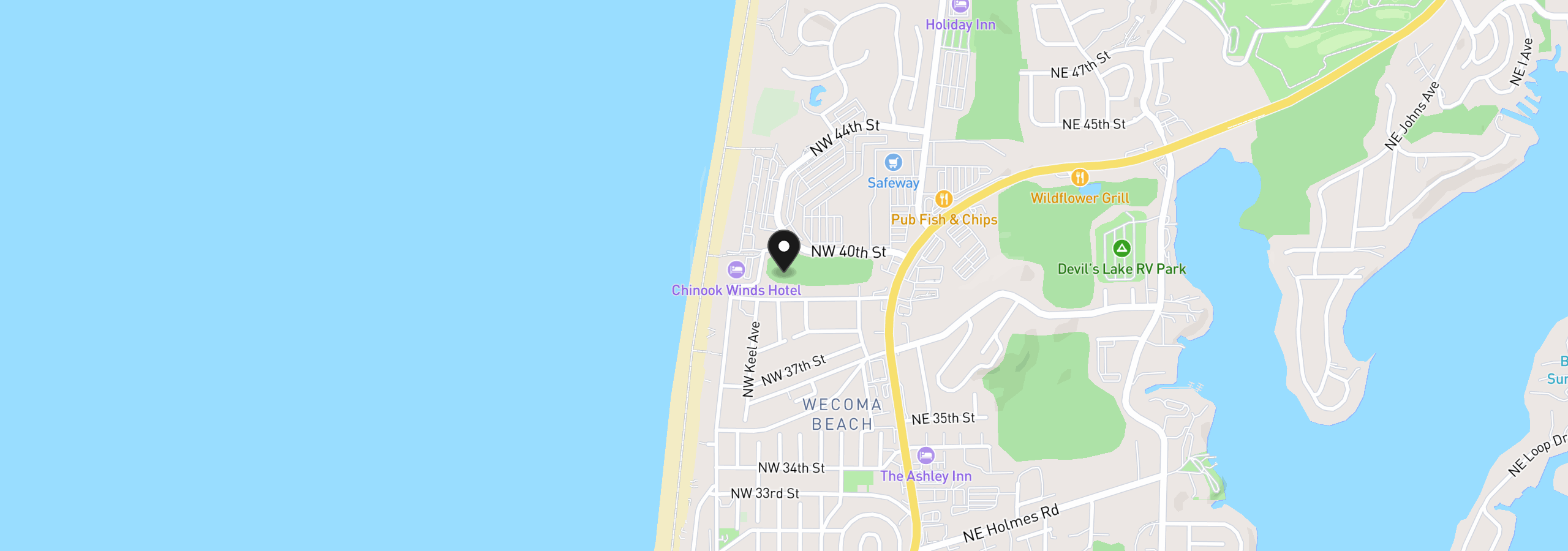 Map showing the location of NW 40th St 1100, Lincoln City, OR 97367