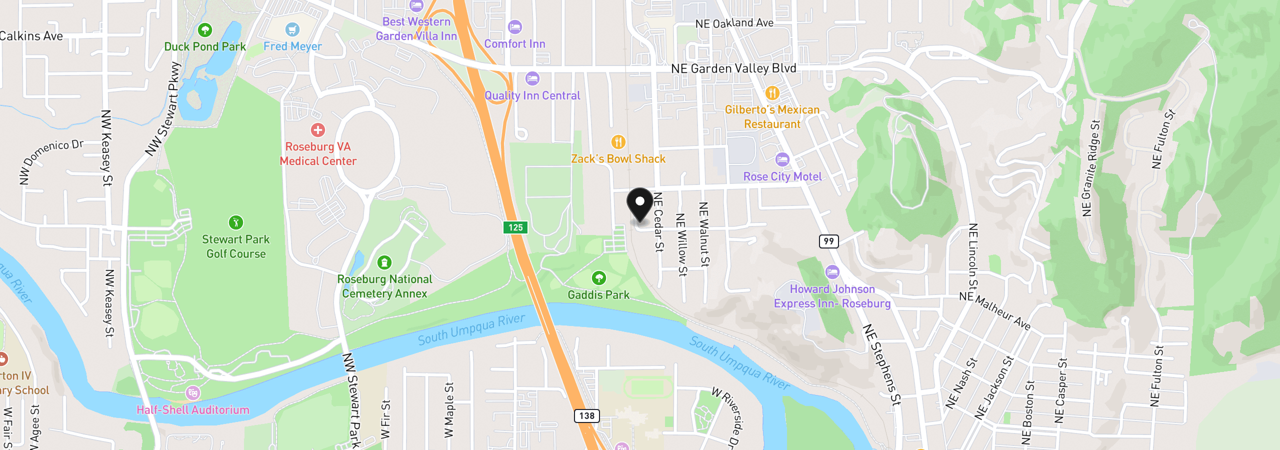 Map showing the location of 124 NE West Ave, Roseburg, OR 97470