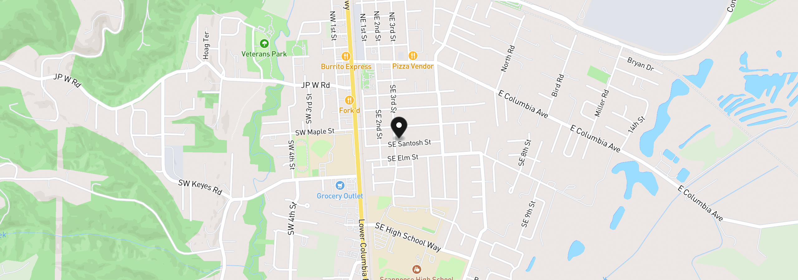 Map showing the location of 33651 SE Santosh St, Scappoose, OR 97056