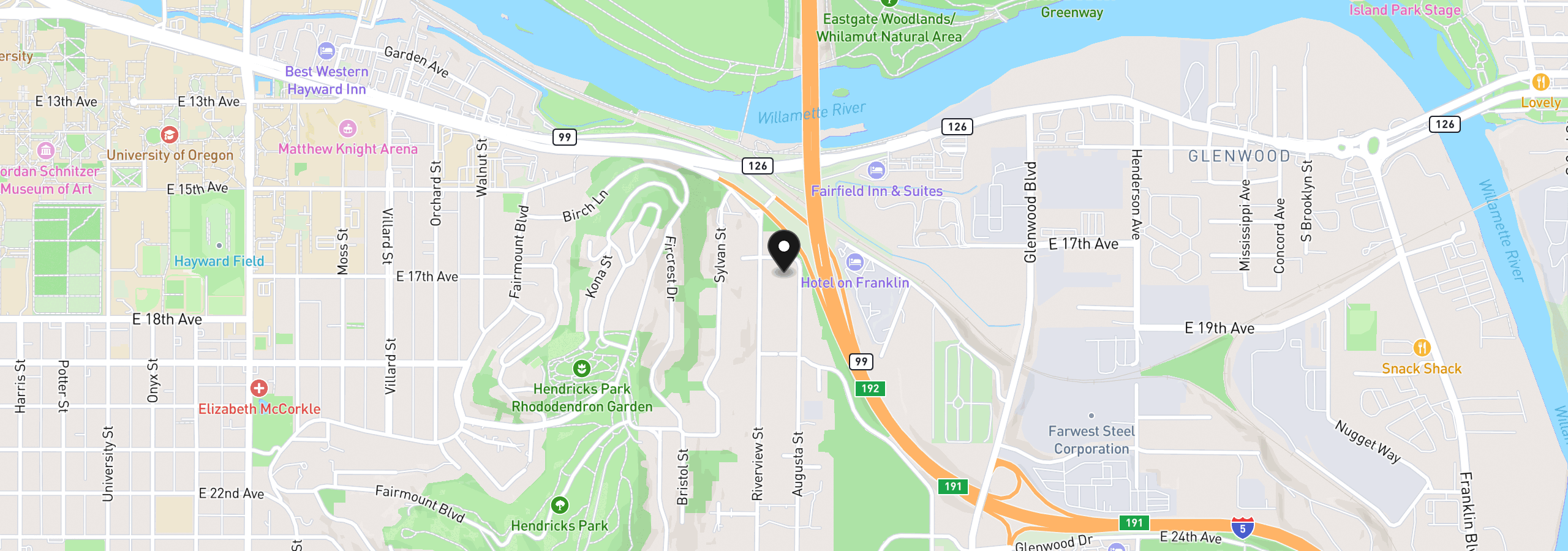 Map showing the location of 1650 Augusta Aly, Eugene, OR 97403