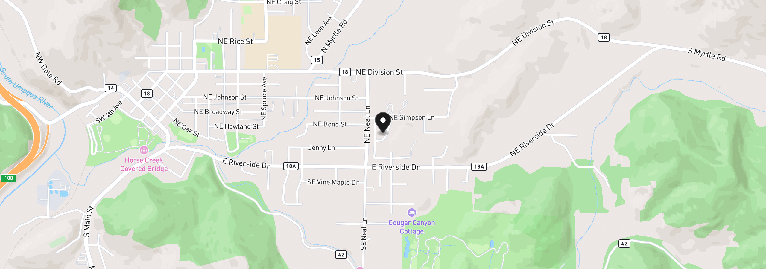 Map showing the location of 186 NE Sandy Ter, Myrtle Creek, OR 97457