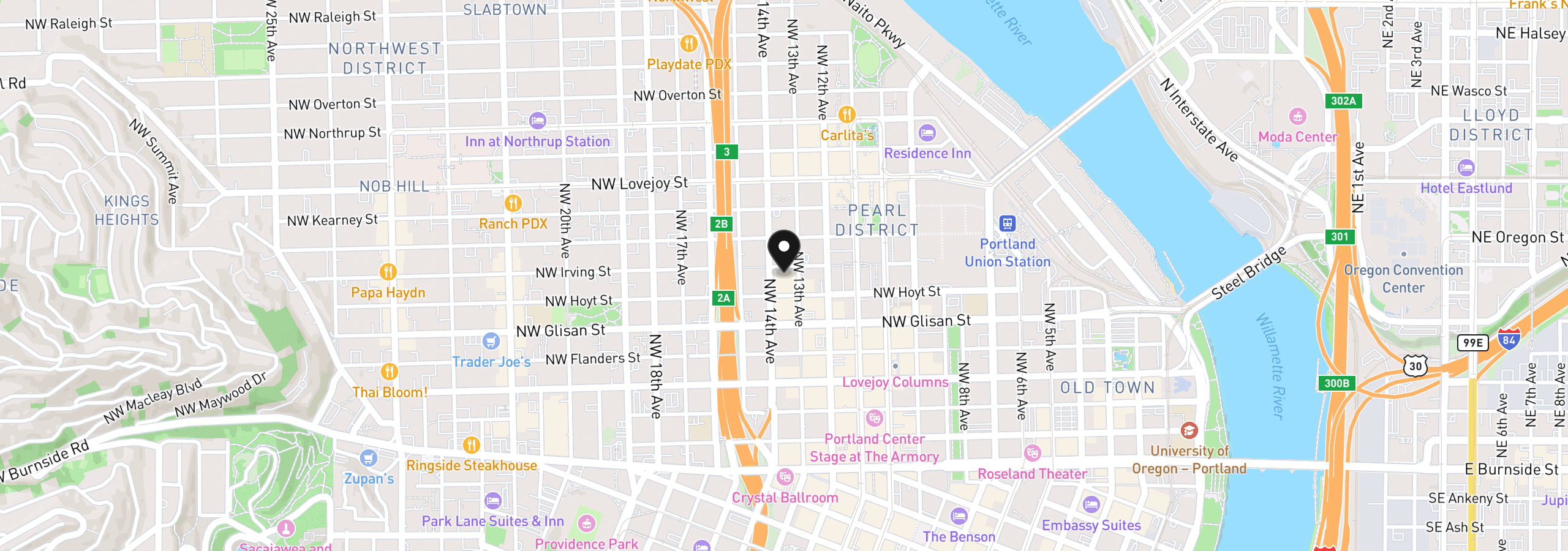 Map showing the location of 1314 NW Irving St 312, Portland, OR 97209