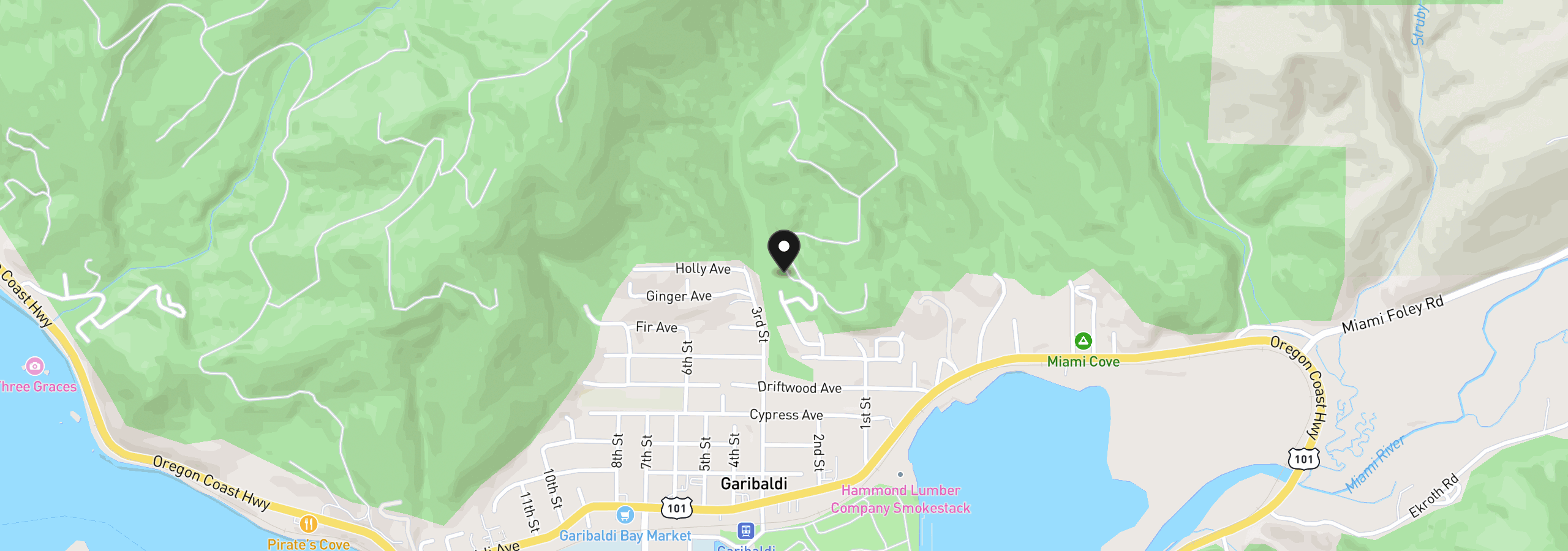 Map showing the location of 801 First St, Garibaldi, OR 97118