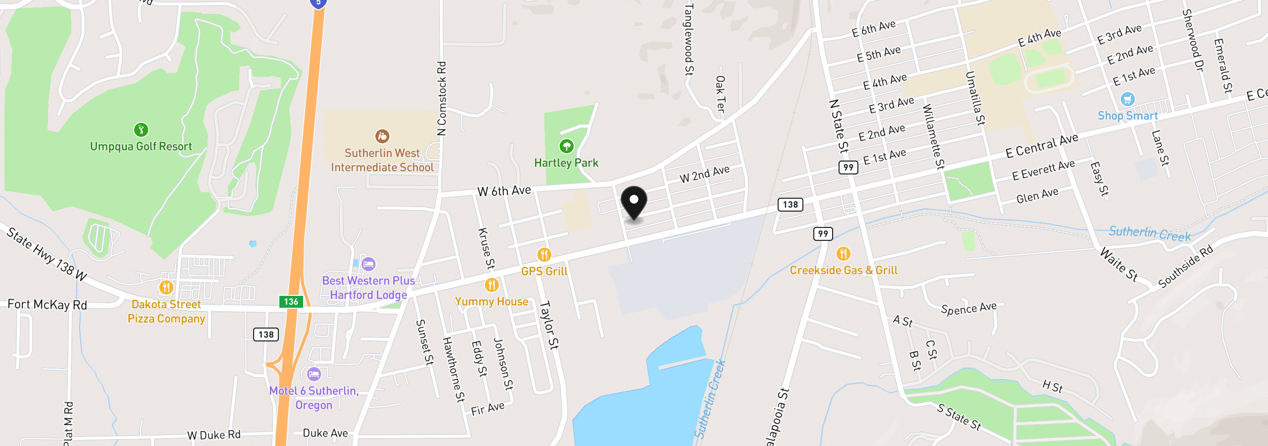 Map showing the location of 686 W First Ave, Sutherlin, OR 97479