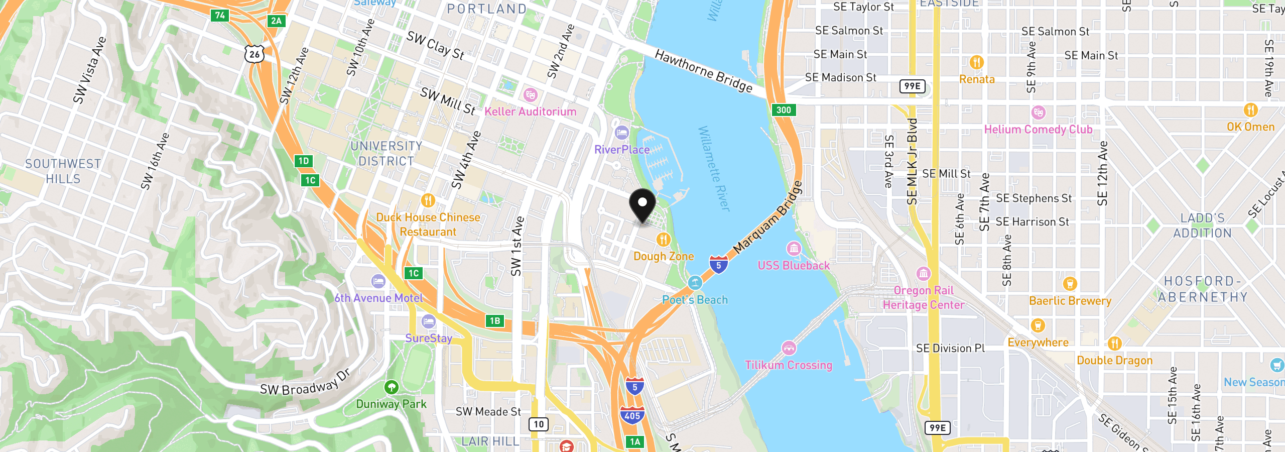 Map showing the location of 1920 S River Dr E102, Portland, OR 97201