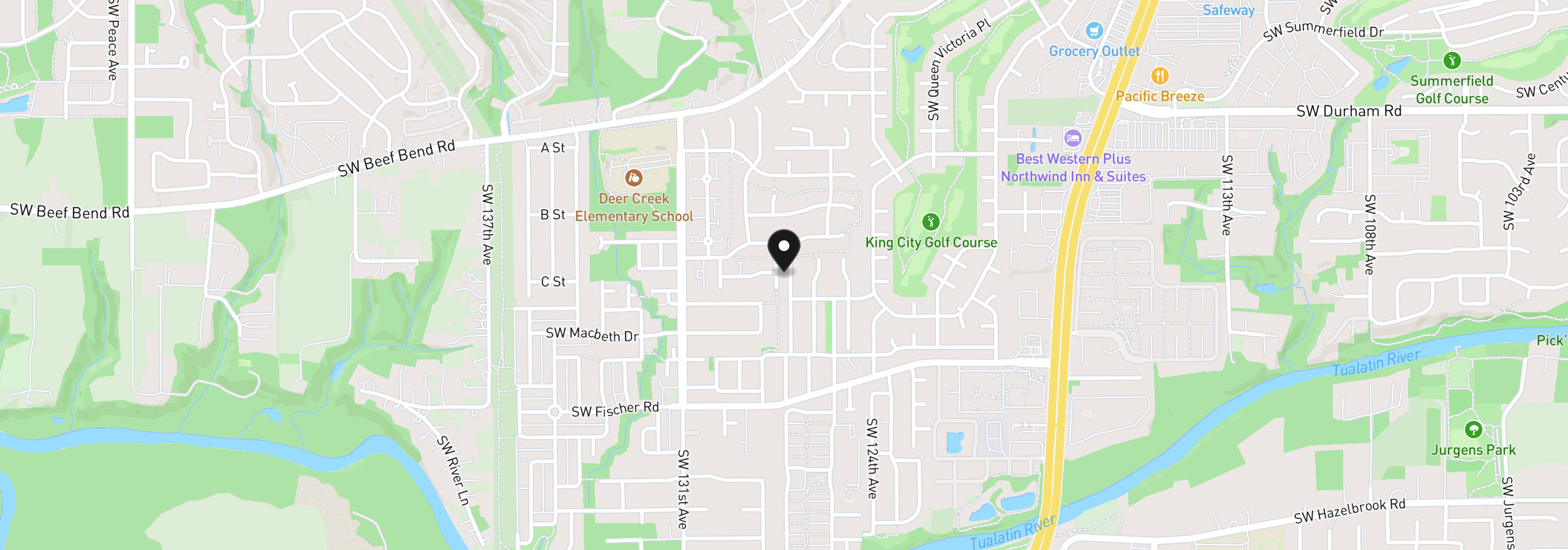 Map showing the location of 16555 SW Matador Ln, King City, OR 97224