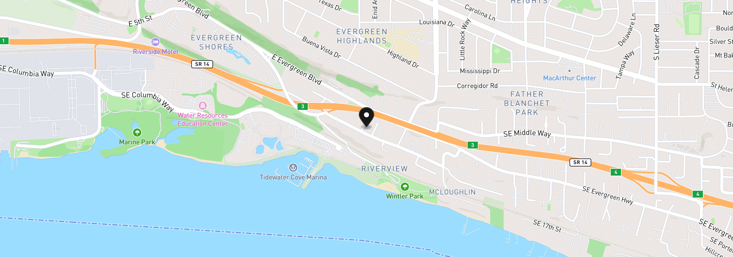 Map showing the location of 6200 SE Riverside Dr, Vancouver, Wa 98661