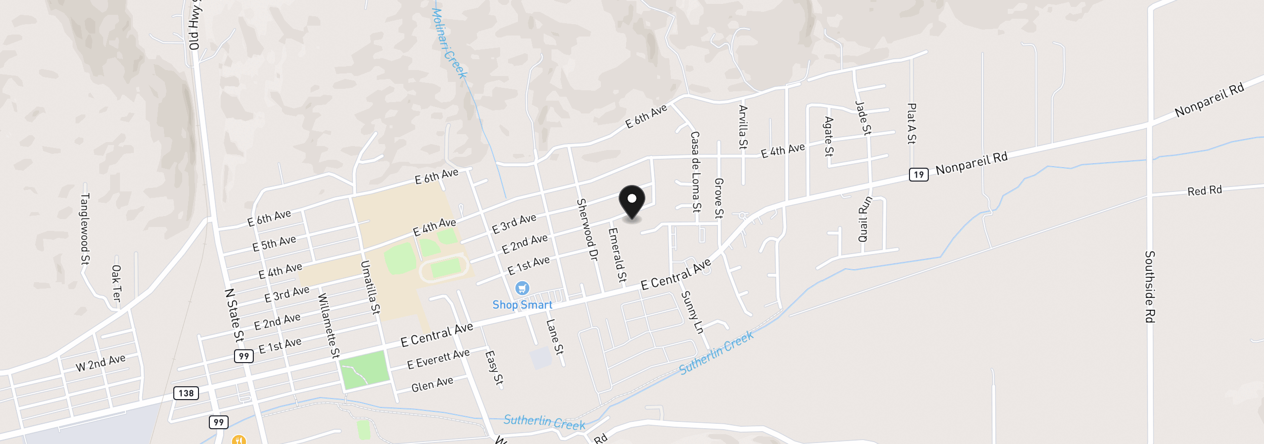 Map showing the location of 1202 E Second Ave, Sutherlin, OR 97479