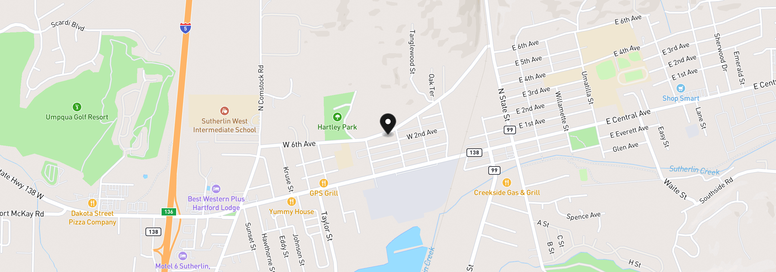 Map showing the location of 630 W Sixth Ave, Sutherlin, OR 97479