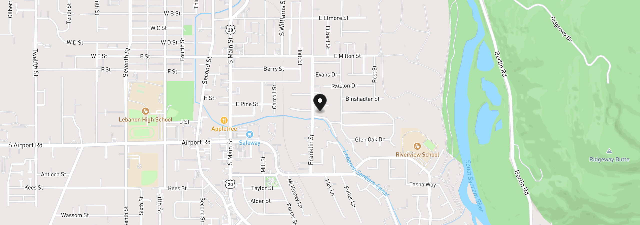Map showing the location of 1893 River Rd, Lebanon, OR 97355