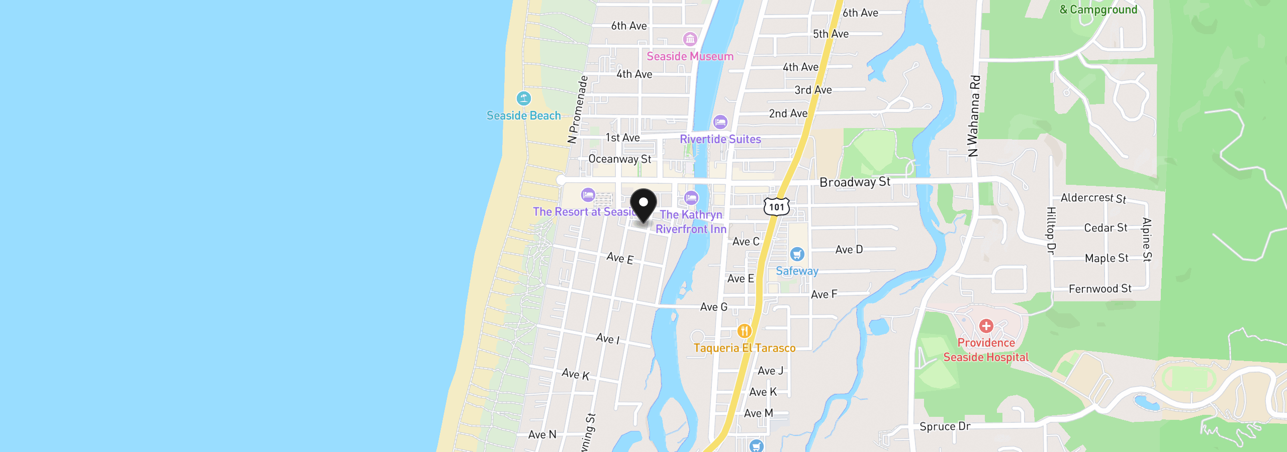 Map showing the location of 380 S Edgewood St, Seaside, OR 97138