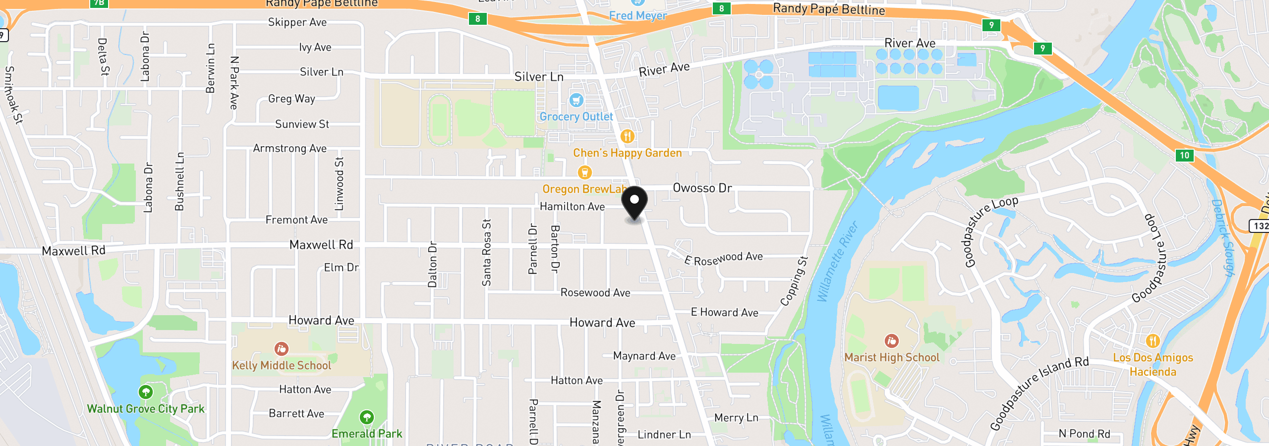 Map showing the location of River Rd, Eugene, OR 97404