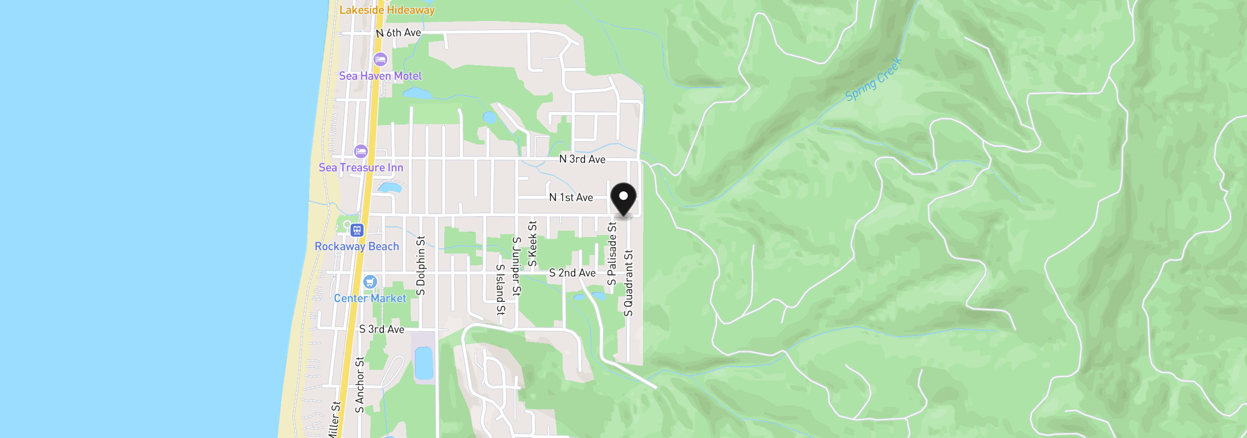 Map showing the location of 101 S Quadrant St, Rockaway Beach, OR 97136