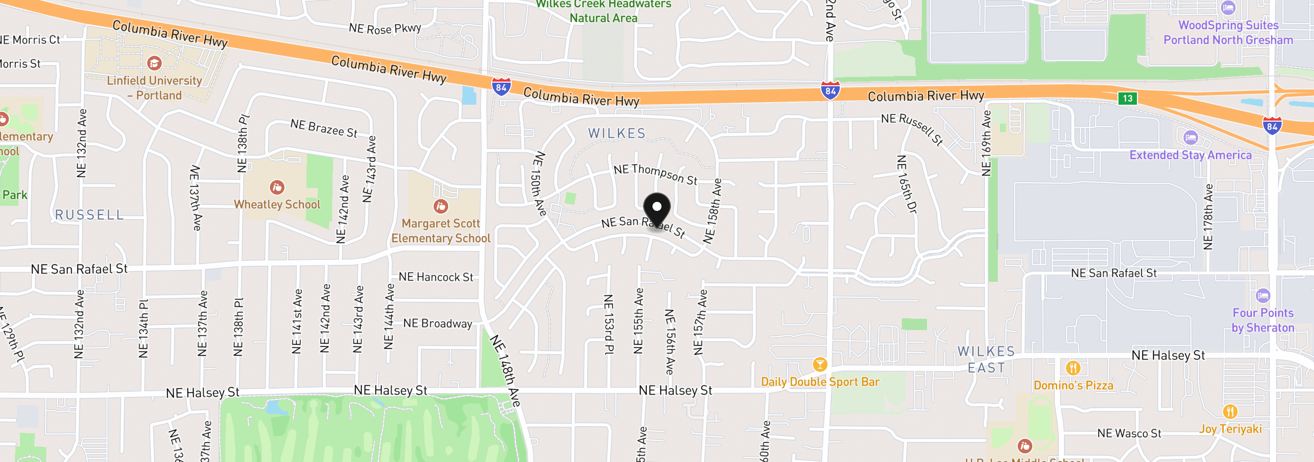 Map showing the location of 15503 NE Summerplace Dr, Portland, OR 97230