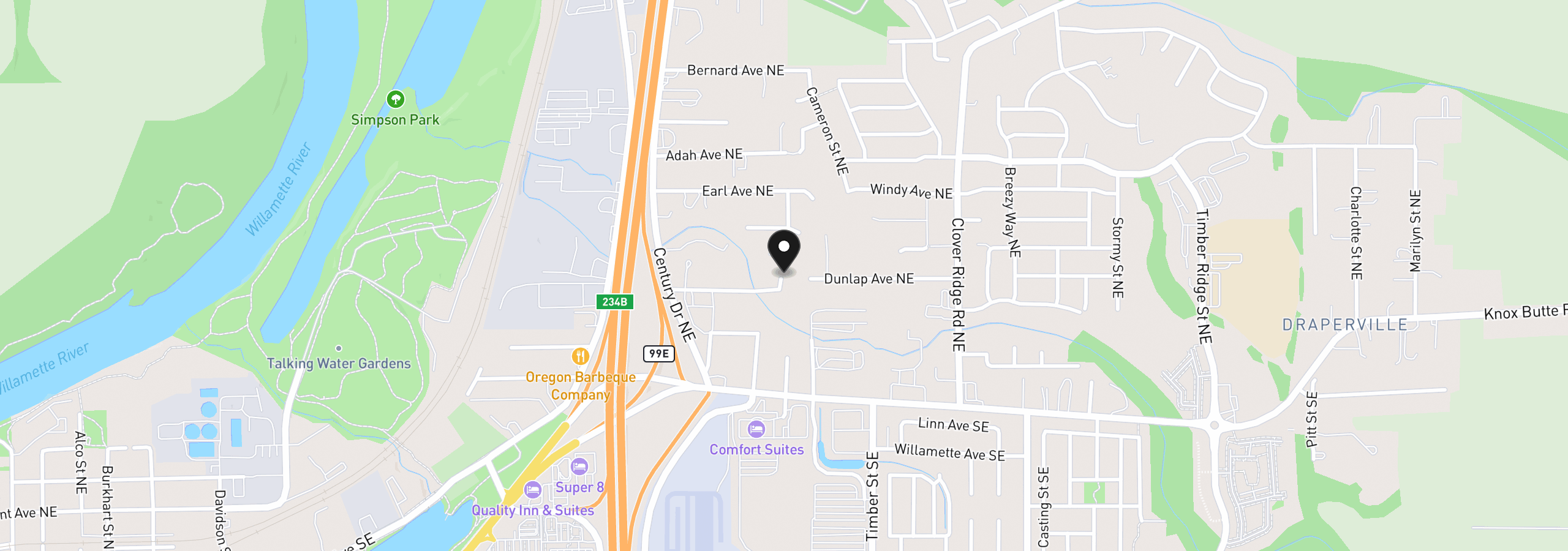 Map showing the location of 3645 Dunlap Ave NE, Albany, OR 97322