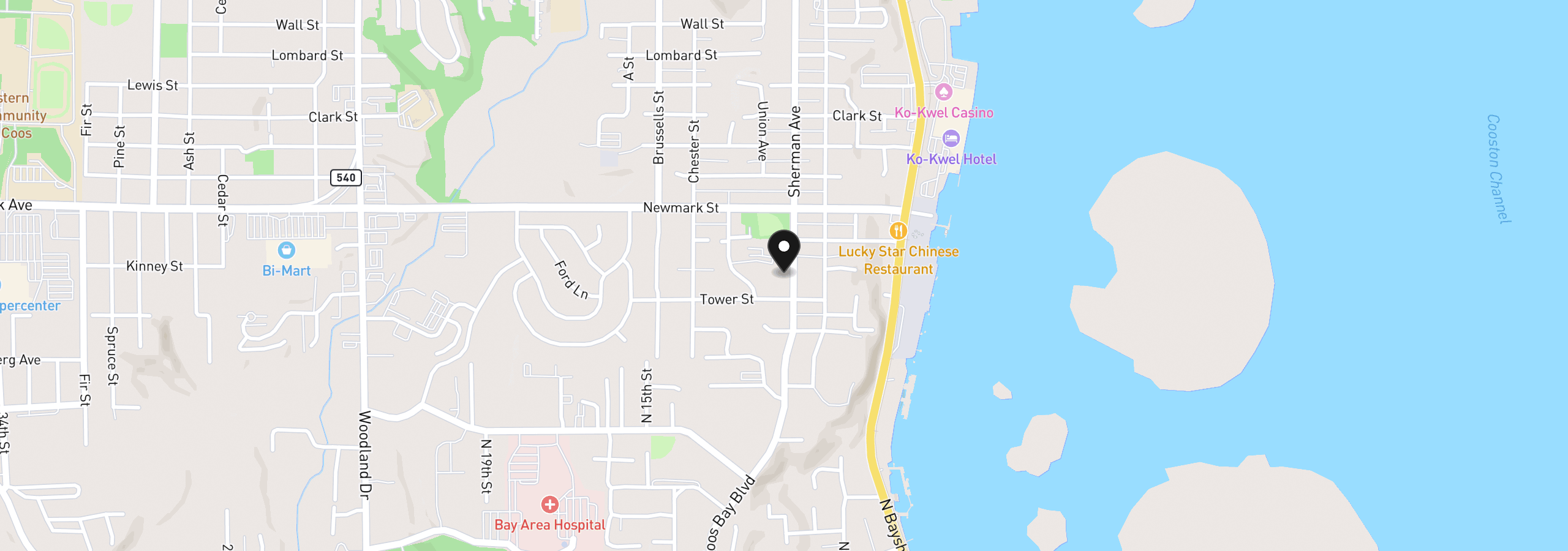 Map showing the location of 3614 Sherman Ave, North Bend, OR 97459