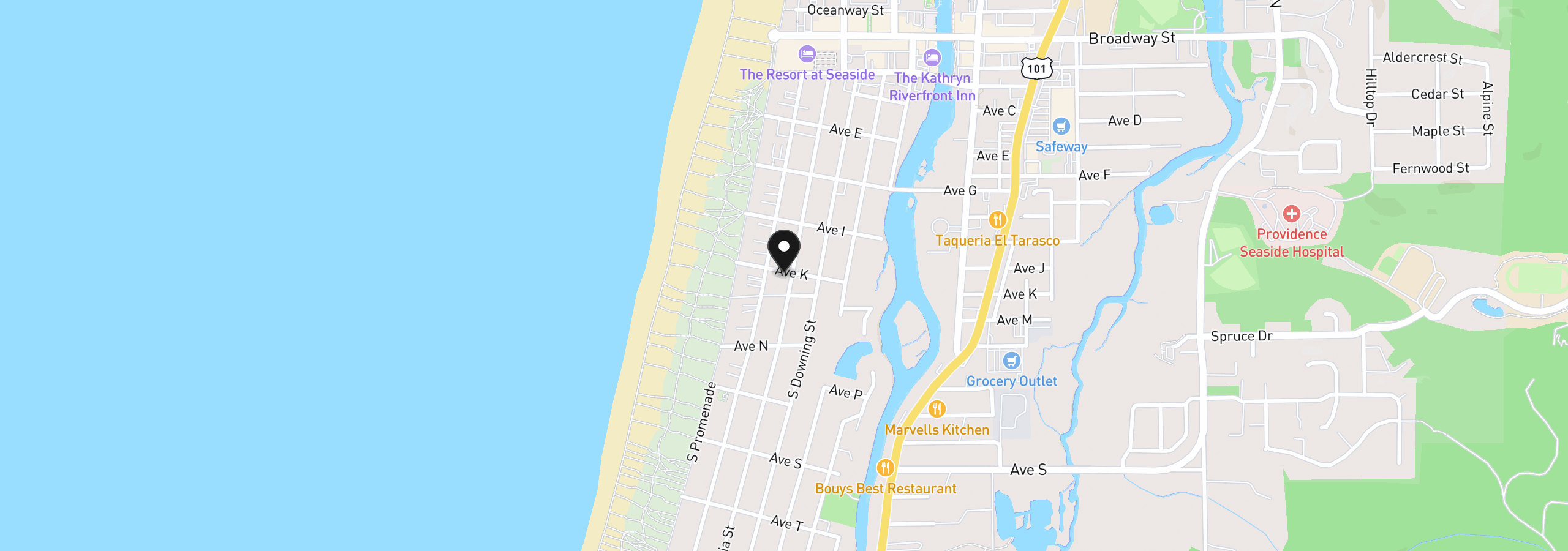 Map showing the location of 1120 S Columbia St, Seaside, OR 97138