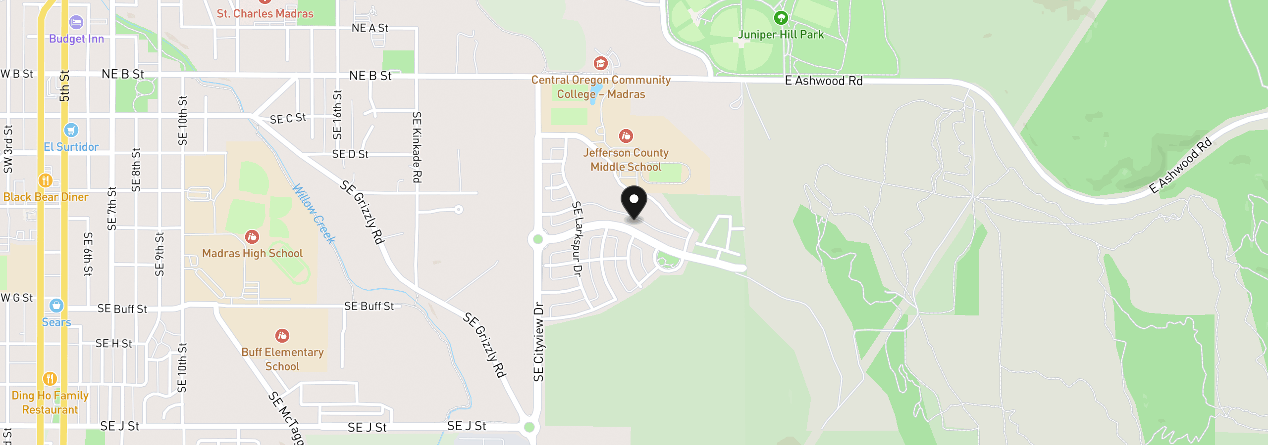 Map showing the location of 1202 SE Yarrow Ave, Madras, OR 97741