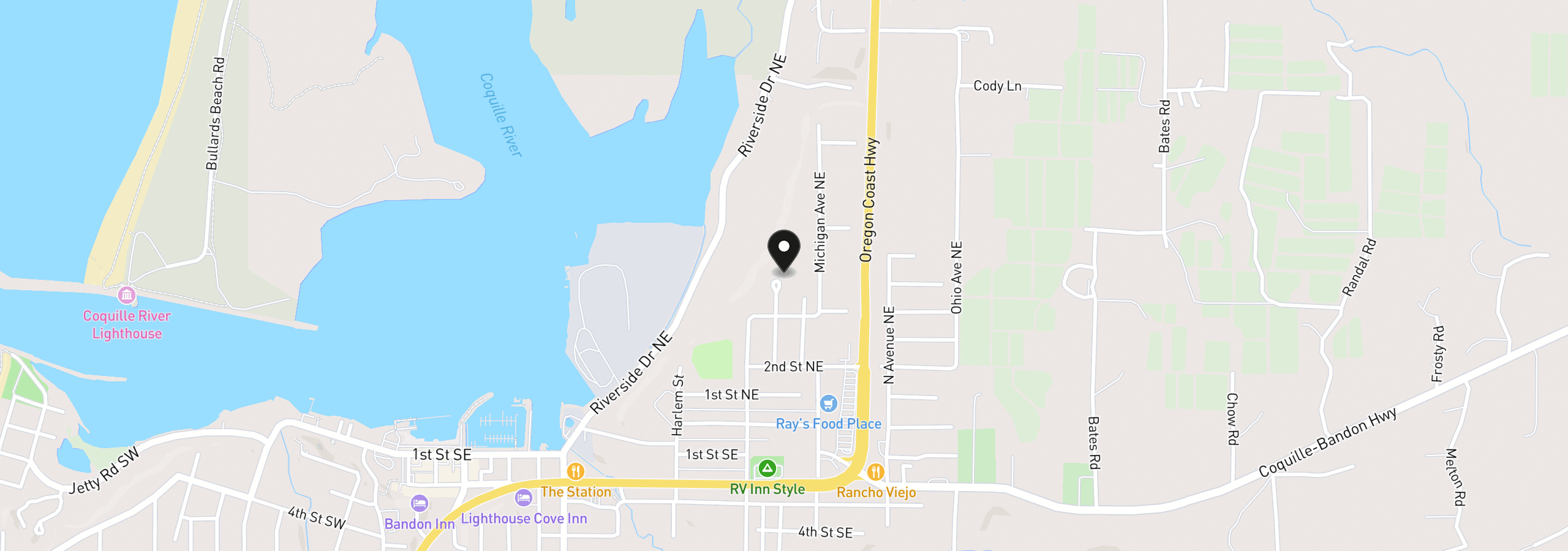 Map showing the location of 576 NE Klamath Ave, Bandon, OR 97411