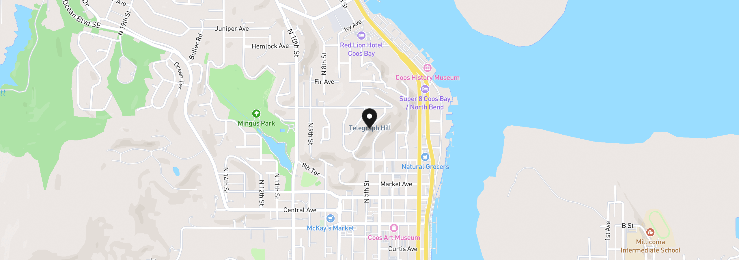 Map showing the location of 0 Telegraph Dr, Coos Bay, OR 97420