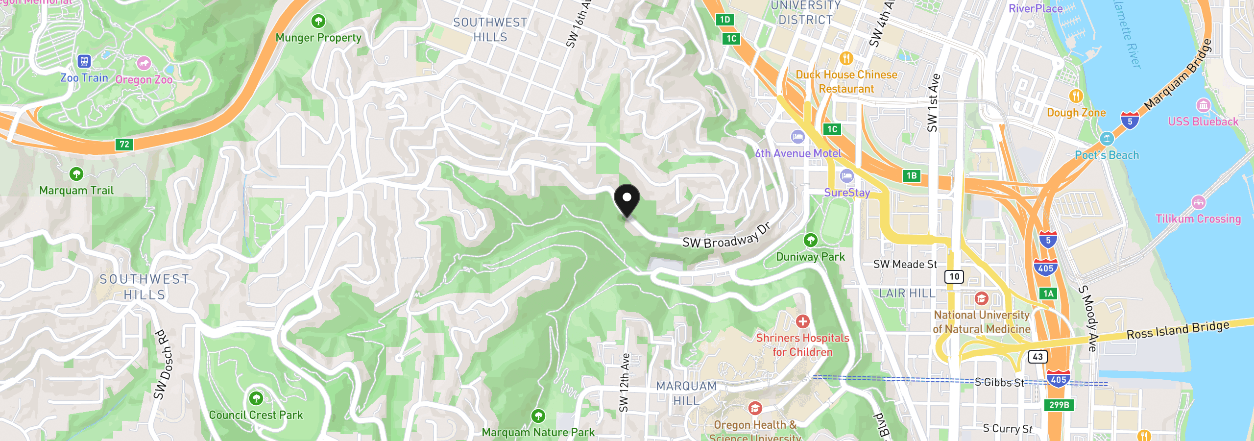 Map showing the location of 1132 SW Broadway Dr, Portland, OR 97201