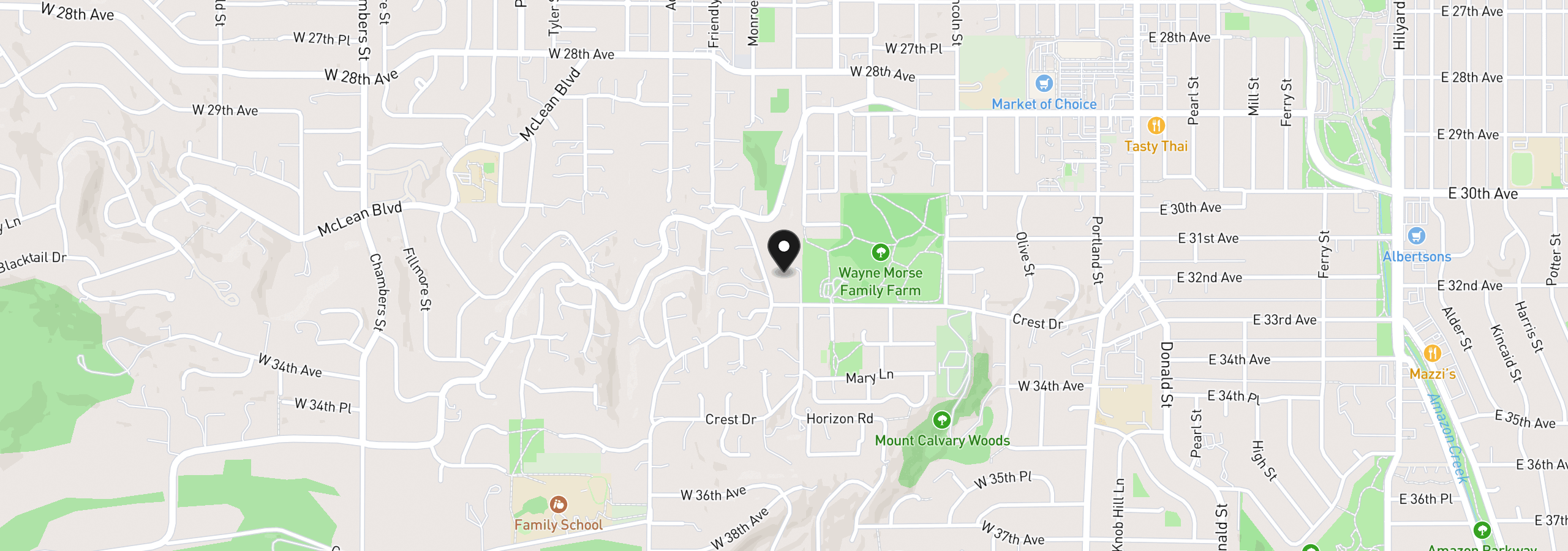 Map showing the location of 2 Storey Blvd, Eugene, OR 97405