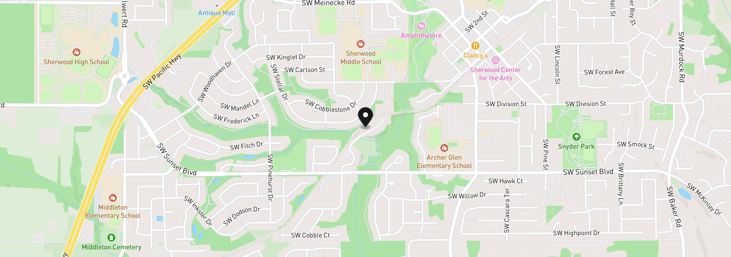 Map showing the location of 23183 SW Greengate Pl, Sherwood, OR 97140