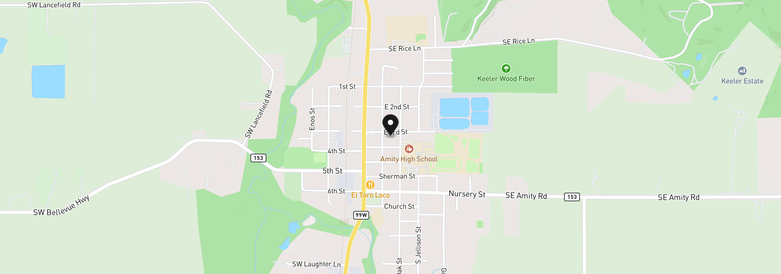 Map showing the location of 205 E 3rd St, Amity, OR 97101