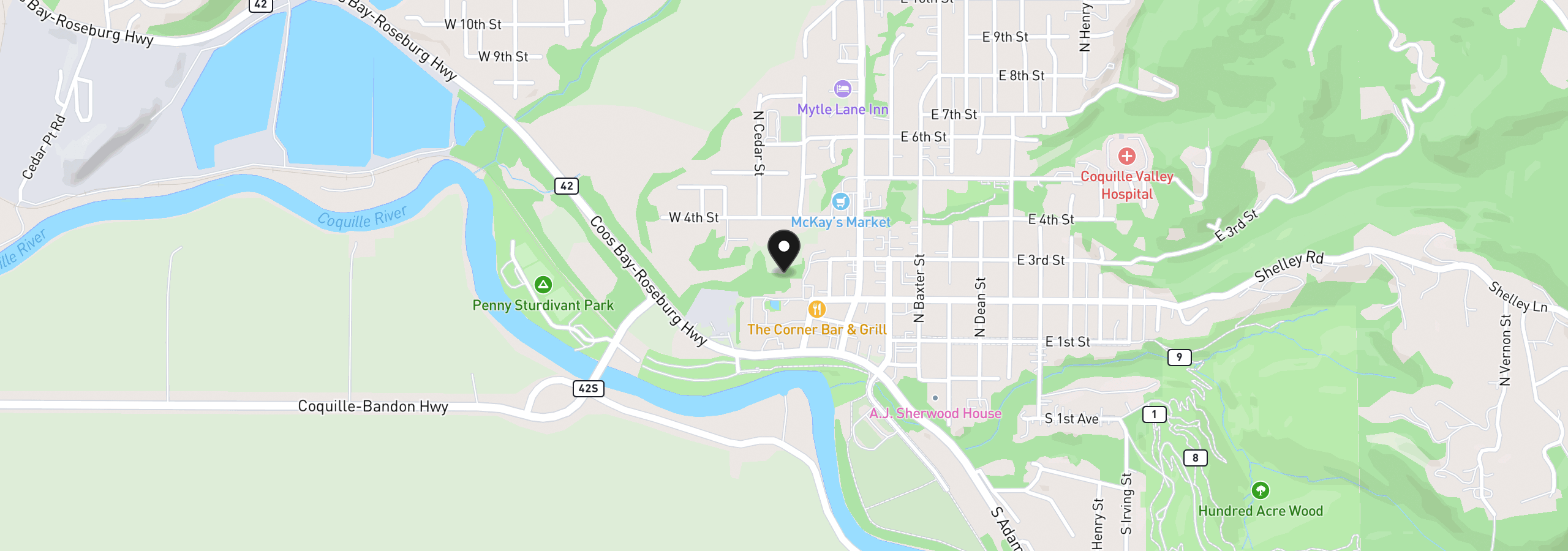 Map showing the location of 203 N Birch St, Coquille, OR 97423