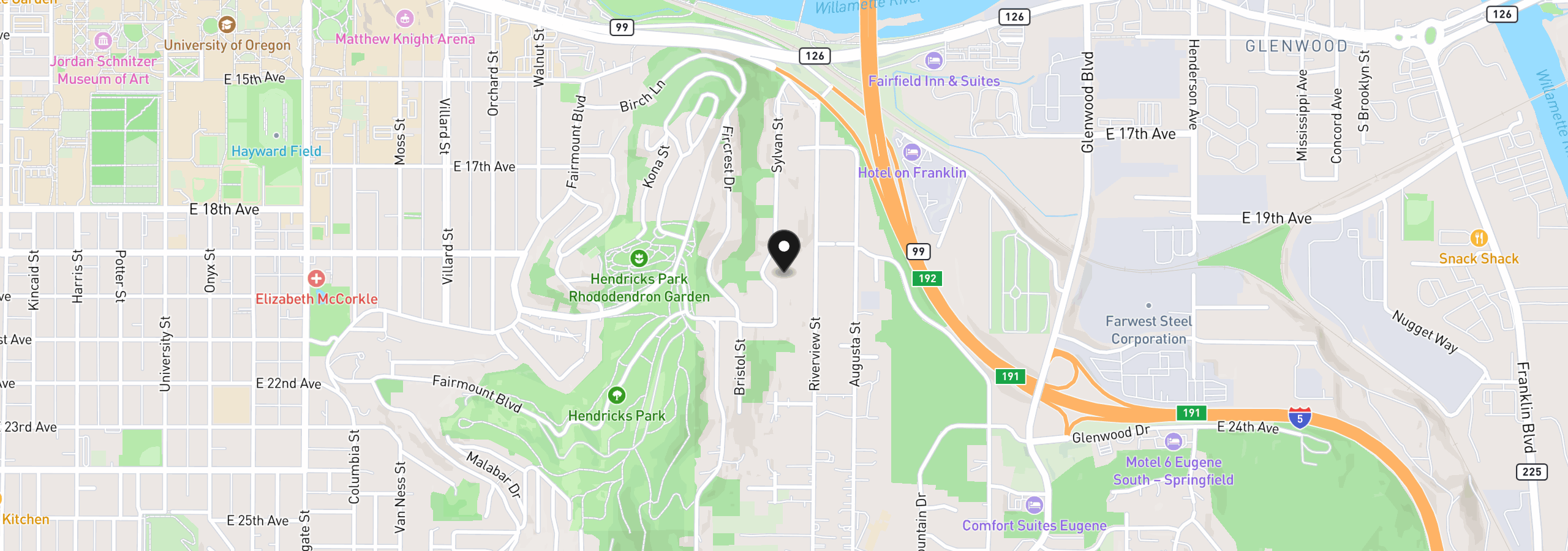 Map showing the location of Sylvan St, Eugene, OR 97403