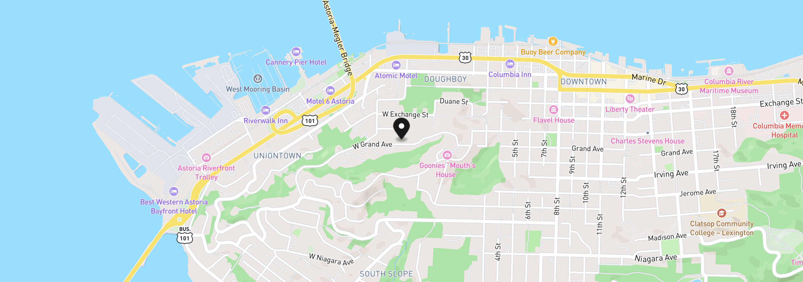 Map showing the location of 102 W Grand Ave, Astoria, OR 97103