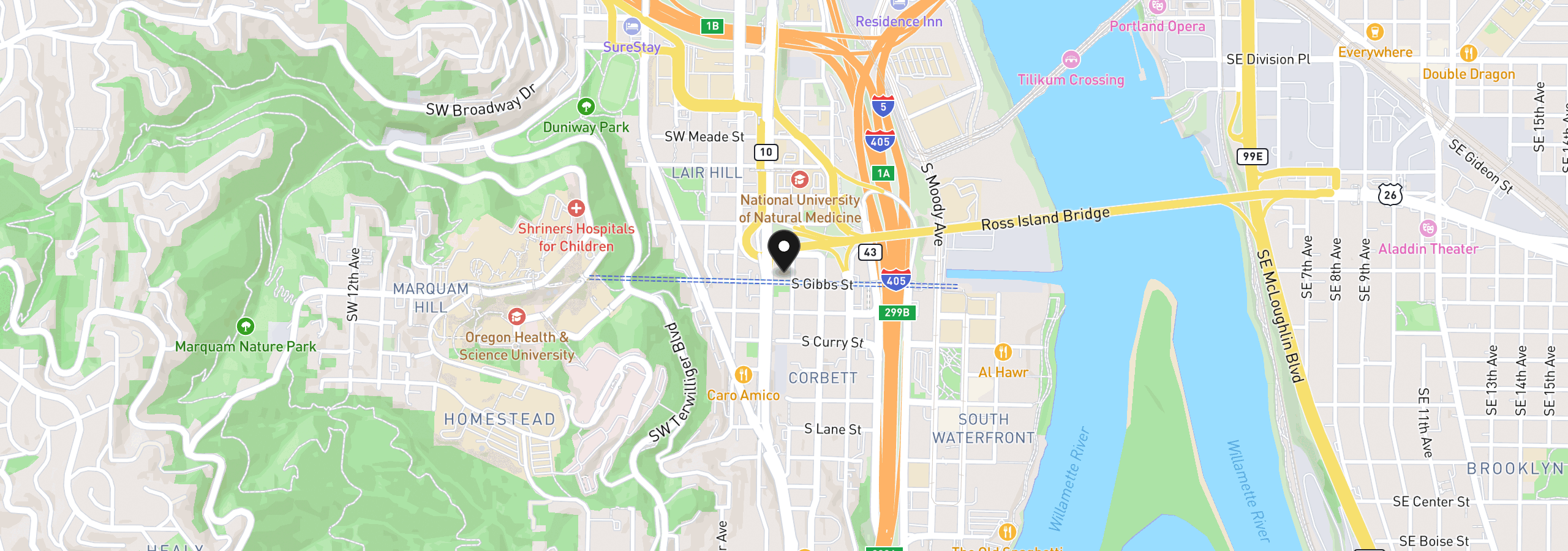 Map showing the location of 31 S Gibbs St, Portland, OR 97239