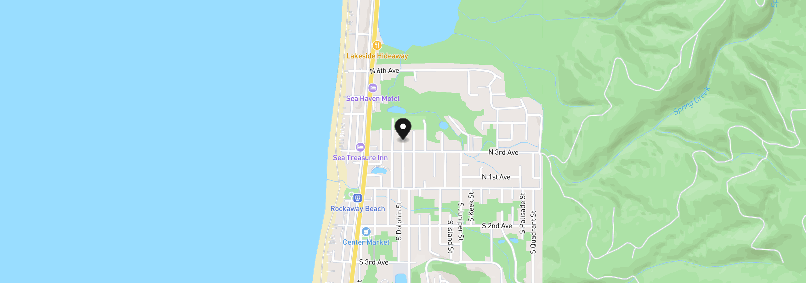 Map showing the location of N Dolphin St, Rockaway Beach, OR 97136