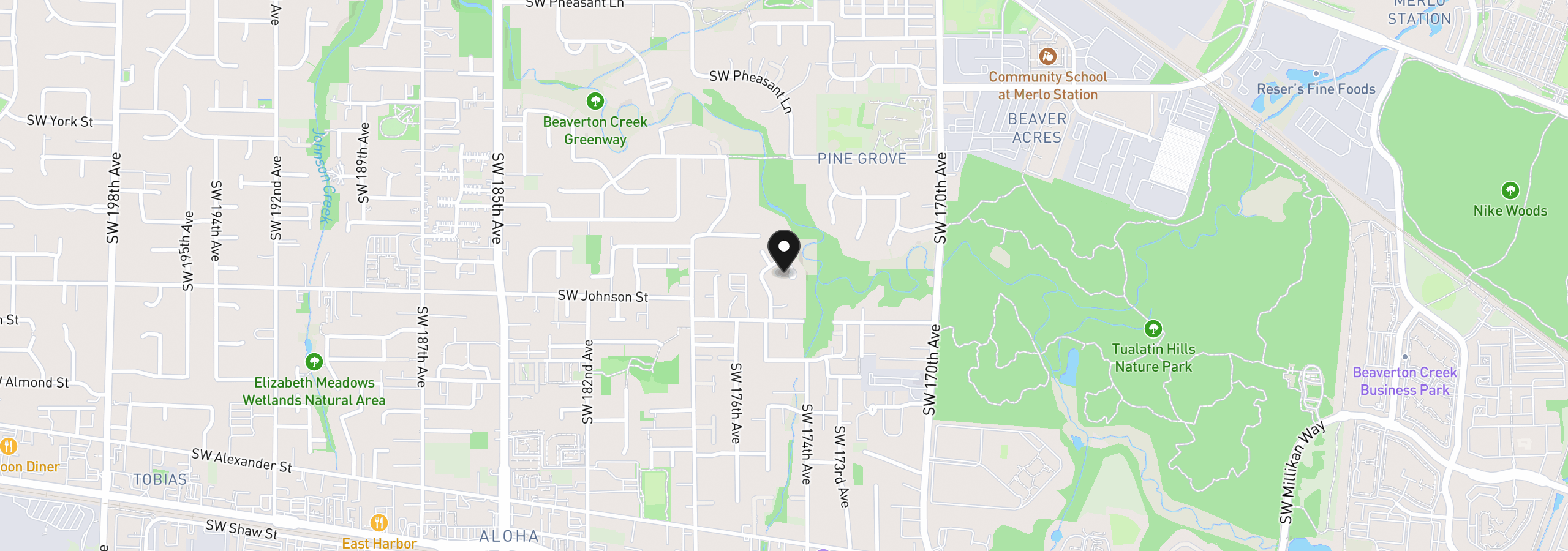 Map showing the location of 2595 SW Oakwood Ct, Beaverton, OR 97003