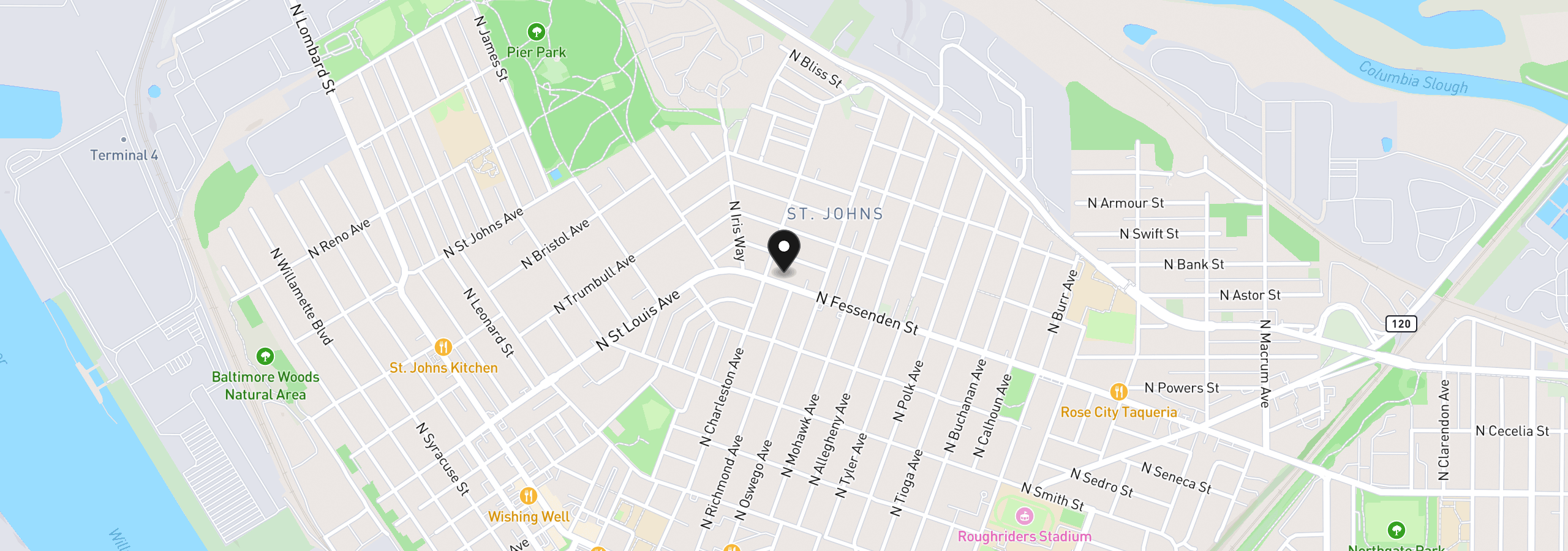 Map showing the location of 8209 N Fessenden St, Portland, OR 97203