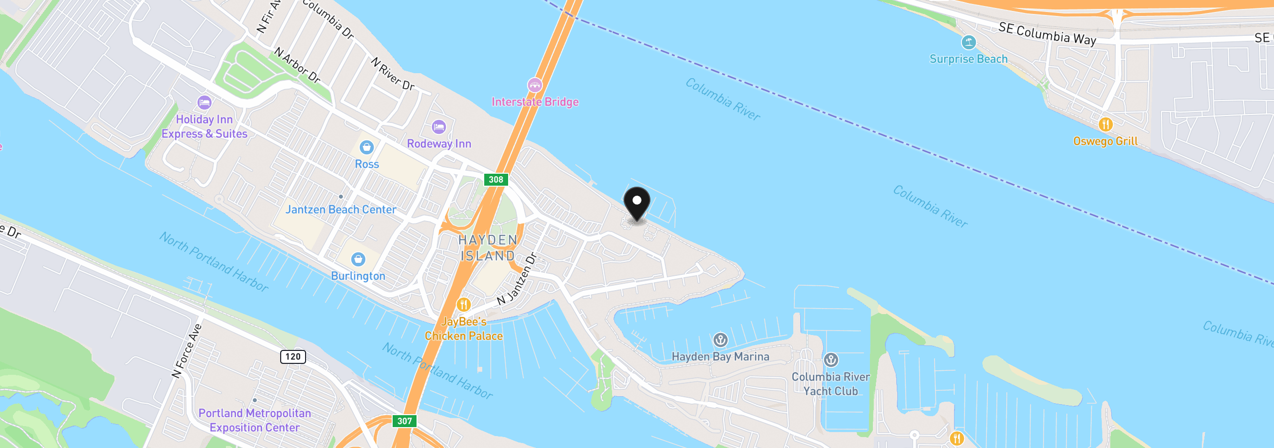 Map showing the location of 707 N Hayden Island Dr 323, Portland, OR 97217