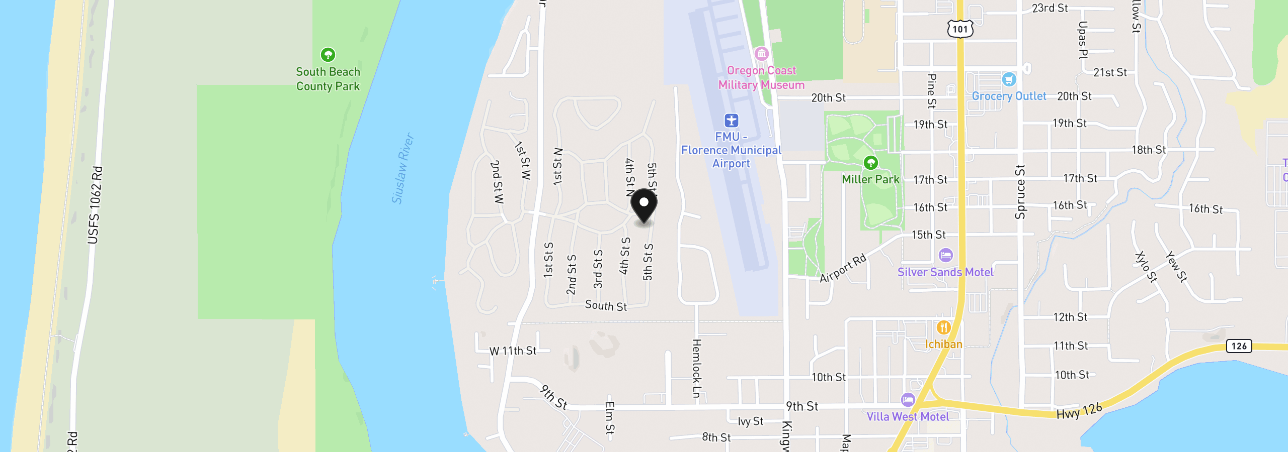 Map showing the location of 1600 Rhododendron Dr 143, Florence, OR 97439